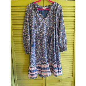 Wonderly Womens Boho Dress XL Blue Vines Pink Ruffle Tassels Long Sleeve